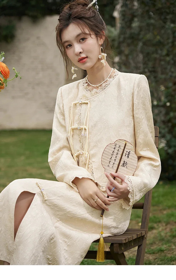 MISHOW Chinese Lace Edge Jacket Midi Skirts Separately Spring 2025 Elegant Top Irregular Jacquard Front Split Skirts MXD15W0370