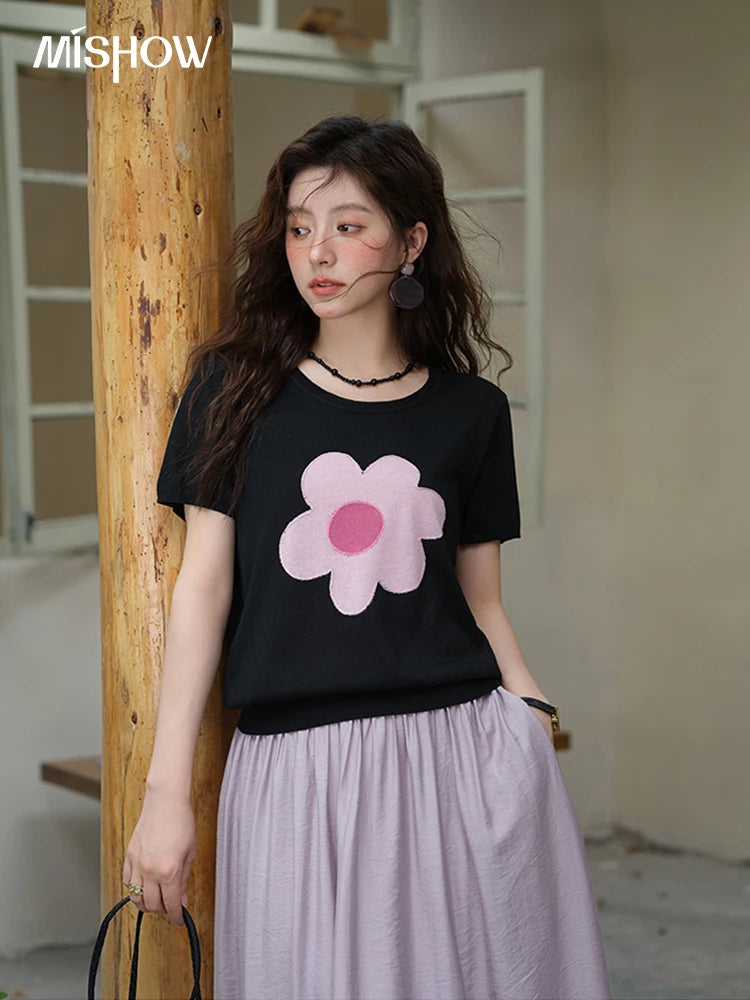 MISHOW Contrast Color Flower Knitted T-shirts for women 2025 Summer New Round Neck Top Women's Clothing Commute Tee MXE39Z1311