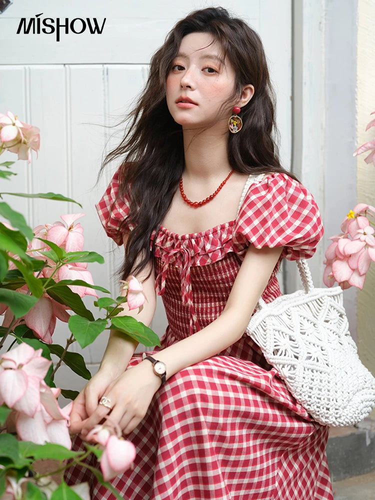 MISHOW Women's Retro Red Plaid Dress 2025 Summer New Square Neck Lace Up Hollow Out Spliced Dresses Women's Clothing MXE39L2324