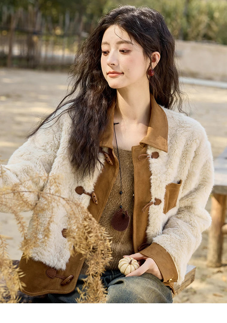 MISHOW Lamb Wool Short Jacket Women Ox Horn Button 2024 Fall Winter New Fashion Warm Loose Splicing Suede Top MXD36W0504