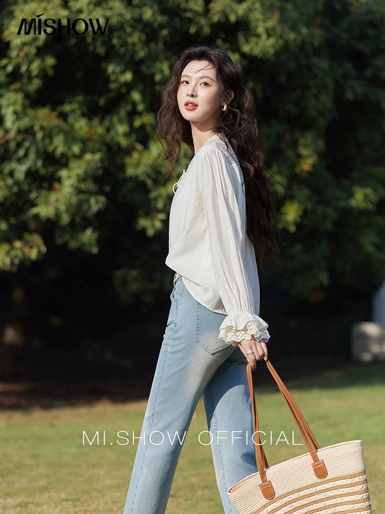 MISHOW Lace Patchwork Shirt for Women Spring 2025 V-neck with Fungus Edge Lace-up Chiffon Top Petal Sleeve Shirts MXE13X1713