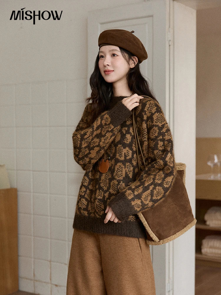 MISHOW Women's Color Block Geometric Leopard Jacquard Sweater Winter French Half Turtleneck Dropped Sleeve Knitwear MXE91Z2839