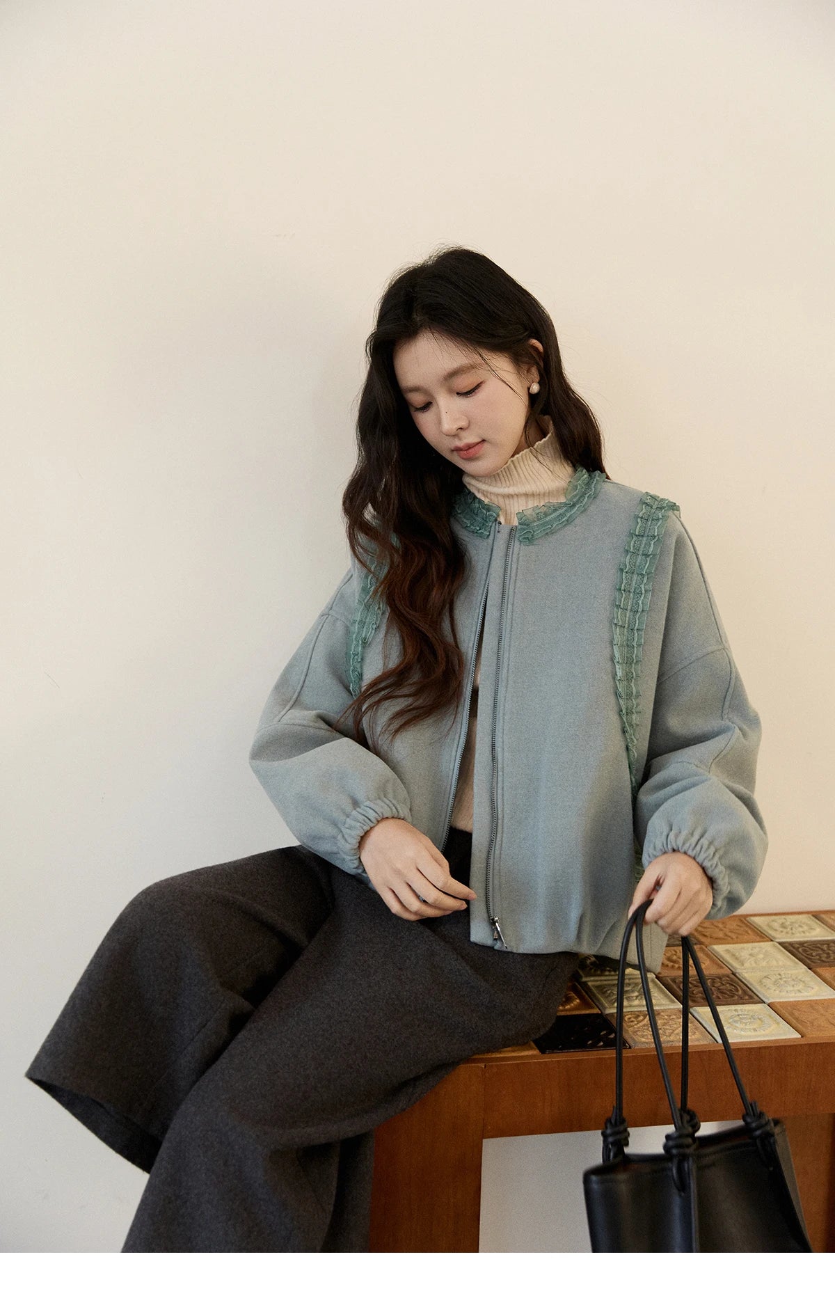 MISHOW Women's Light Blue Down Coats Winter Lace Decor Zipper Puff Sleeve Coats O Neck Loose Casual Warm Outerwear MXE94W1048