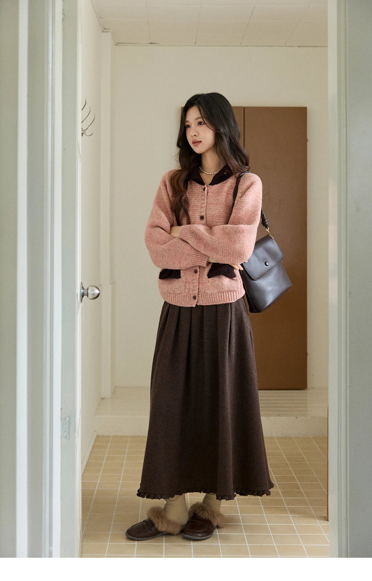 MISHOW Women's Pink Knitted Cardigan Autumn Winter Contrast Collar Bow Pocket Top Single-breasted Loose Warm Sweater MXE94Z2957