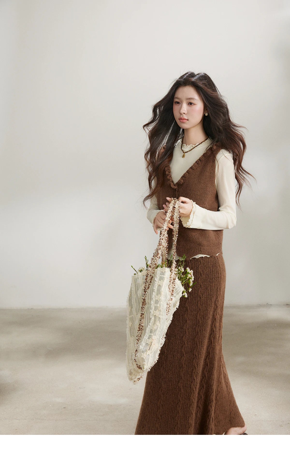 MISHOW Women's Brown Two-Piece Set 2026 Spring Knitted Vest V-Neck Cable Knit Maxi Skirt Casual Retro Warm Outfit MXF11T1460