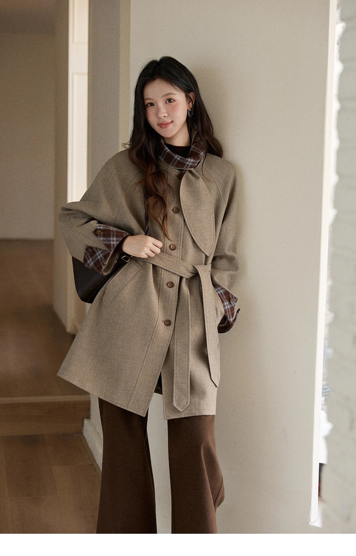 MISHOW Retro British Plaid Patchwork Woolen Coat Winter 2025 Rabbit Ear Tie Collar Waist Cinching Belt Woolen Coats MXE90W0924