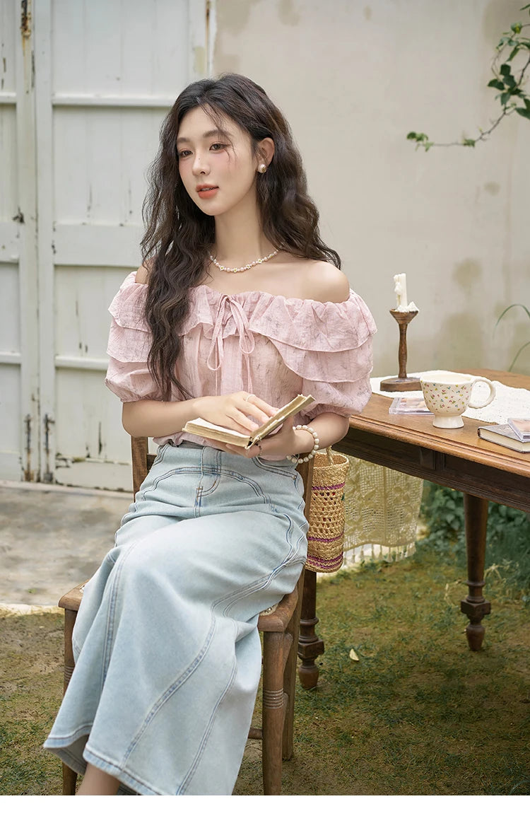 MISHOW French Retro Floral Short Sleeve Blouses Summer 2025 Loose One Line Shoulder Ruffled Edge Lace Up Sweet Top MXD25X1520