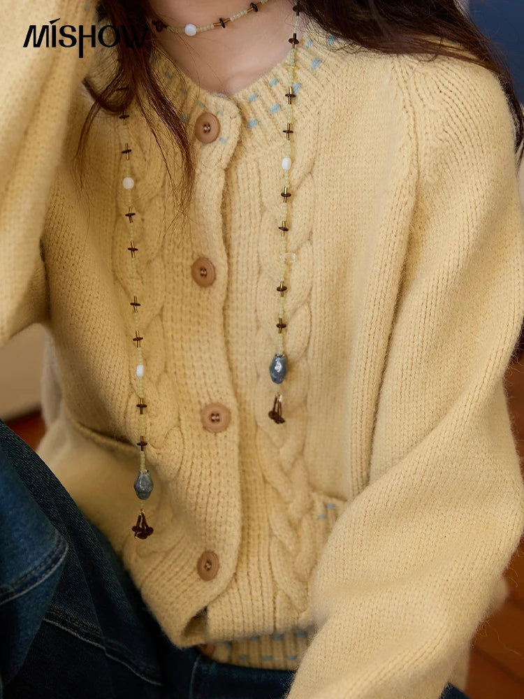 MISHOW Women's Cardigan 2025 Autumn Winter Yellow Cable Knit Cardigan Hand-Drawstring Design Commuter Short Jacket MXE47Z2566