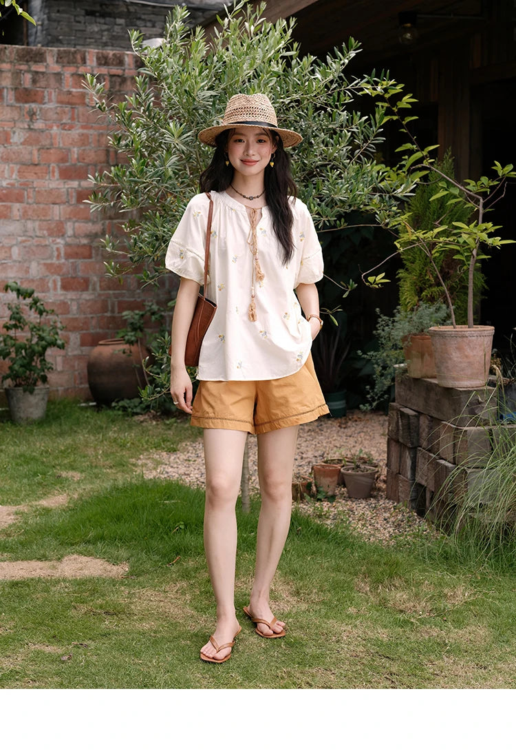 MISHOW Women Two-Piece Set 2025 Summer Puff Sleeve Lace Up Top Hollow Lace Spliced Elastic Waist Shorts Ladies Set MXE38T0684