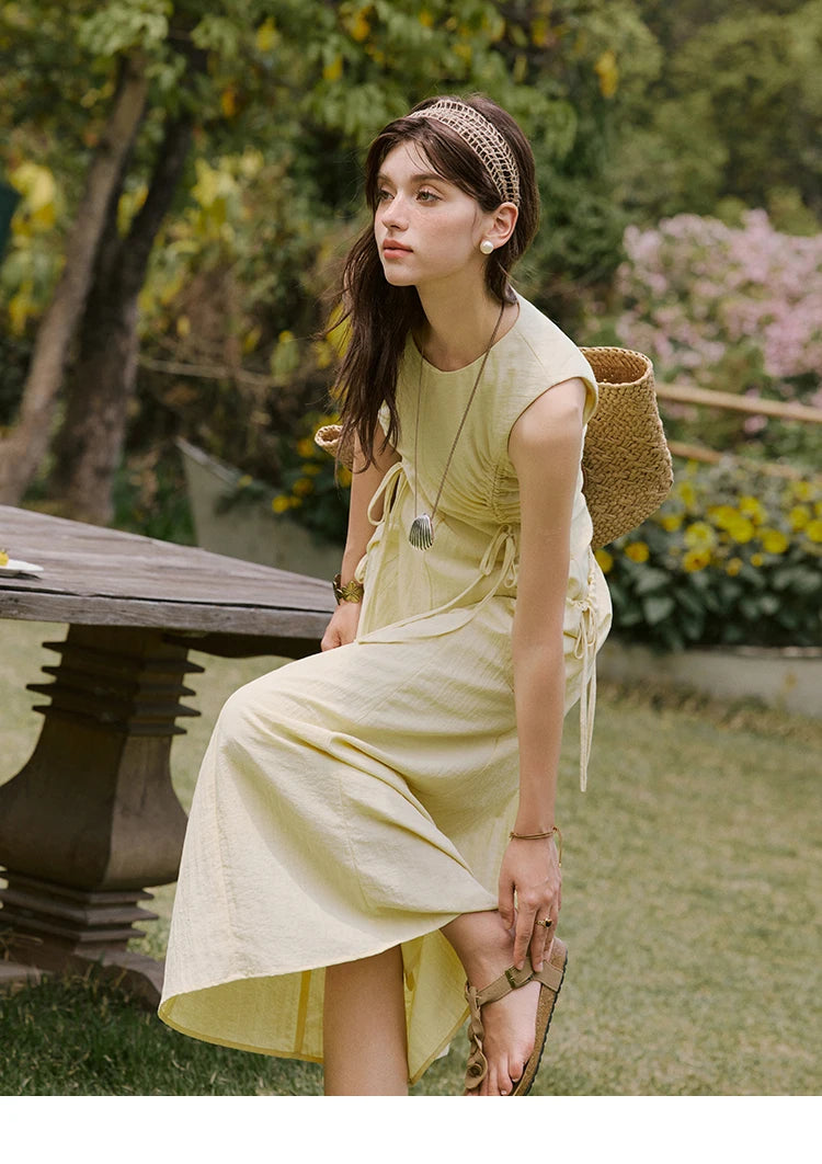 MISHOW Office Lady Summer Dress Women New 2025 Sleeveless Round Neck Drawstring Waist with Pockets Slim Dresses Woman MXE34L2228