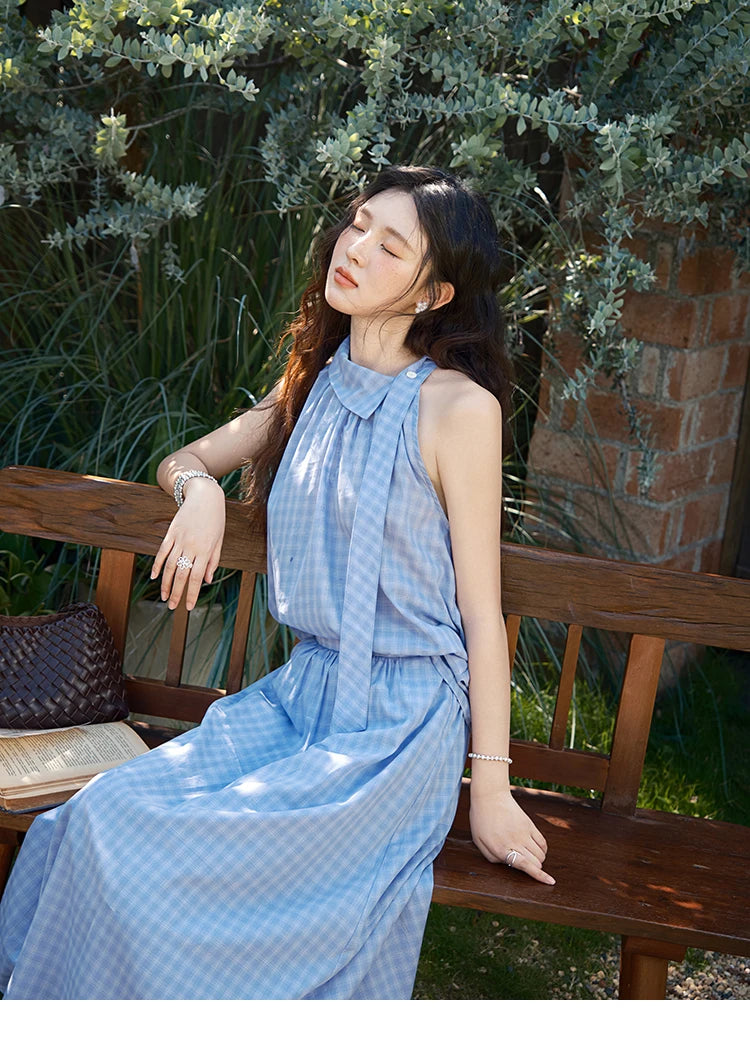 MISHOW Women's 2 Piece Set 2025 Summer Female Vacation Fashion Plaid Hanging Neck Button Top A-line Half Skirt Set MXE39T0711