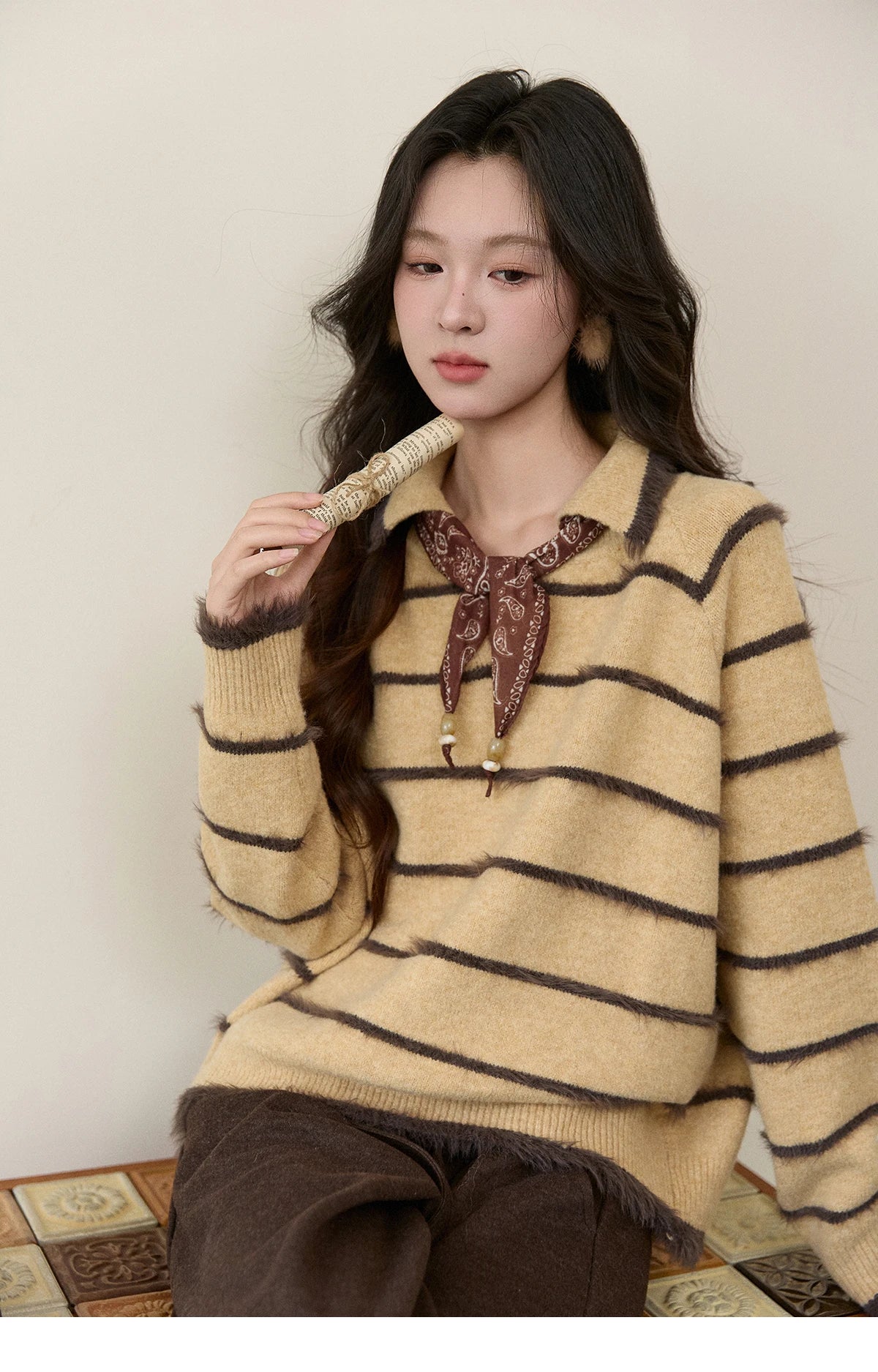 MISHOW Women's Faux Mink Fur Striped Sweater 2025 Winter Loose Lapel Tassel Hem Thickened Knitwwear Excluding Scarves MXE93Z2945