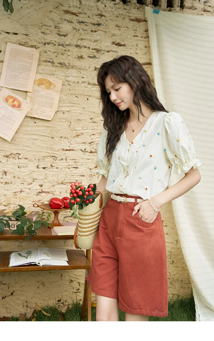 MISHOW 100% Cotton Women's Puff Short Sleeve Shirt 2025 Summer New Square Neck Blouse Embroidered Lace Patchwork Tops MXD22X1420