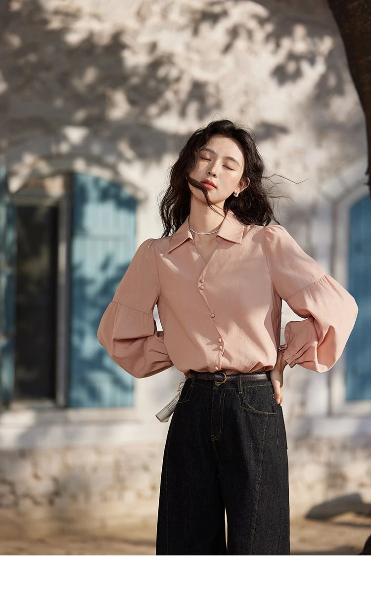 MISHOW French Polo Neck Long Sleeve Shirt Women's Spring Summer 2025 Elegant Sweet Cute Casual Tops Solid Shirts MXE11C0388