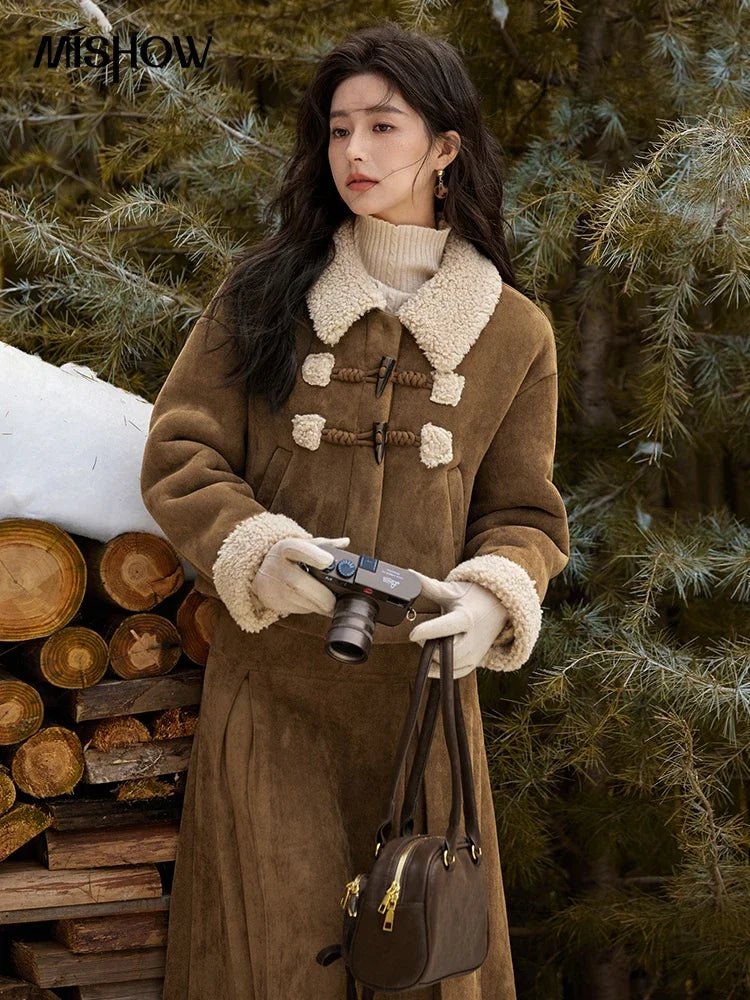 MISHOW Vintage Coats Midi Skirts Separately Brown Suede Plush Jacket Bull Horn Buckle Spliced Design Thick Warm Top MXD36W0500