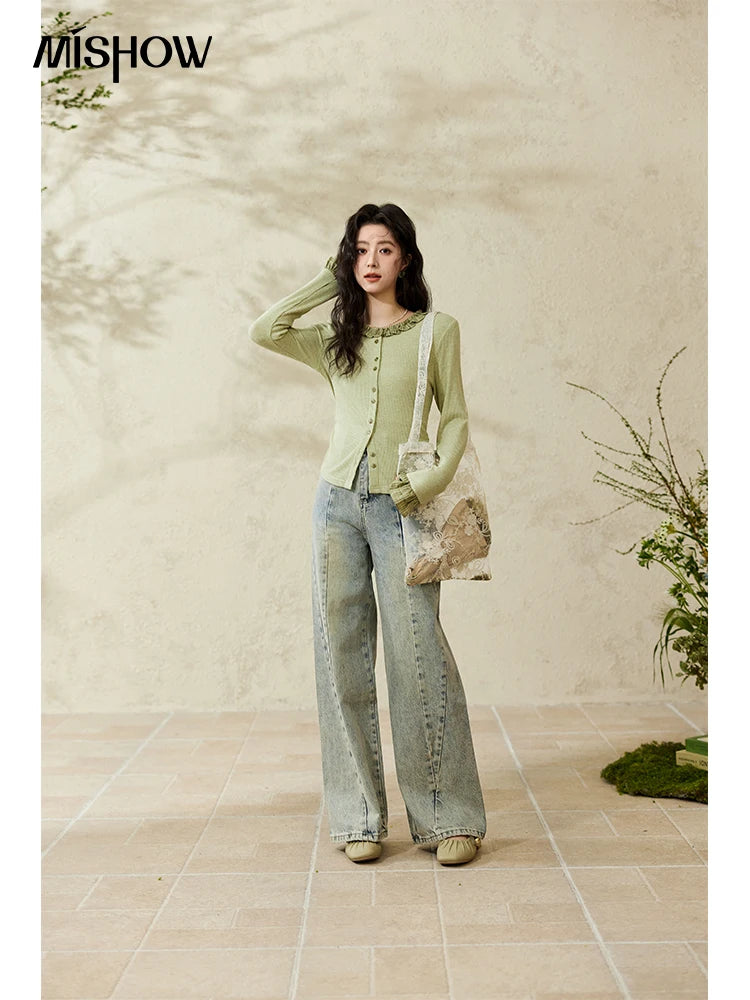 MISHOW Green Plaid Knitted Top 2025 Spring Lotus Leaf Sleeves Tees Slim Long Sleeve Curled Collar Single Breasted Top MXE14Z1152