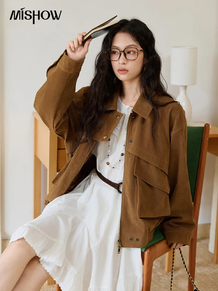 MISHOW Suede Retro Brown Jacket for Women Autumn Winter 2025 Pocket Zipper Loose Coats Lapel Wide-waisted Casual Coat MXE46W0866