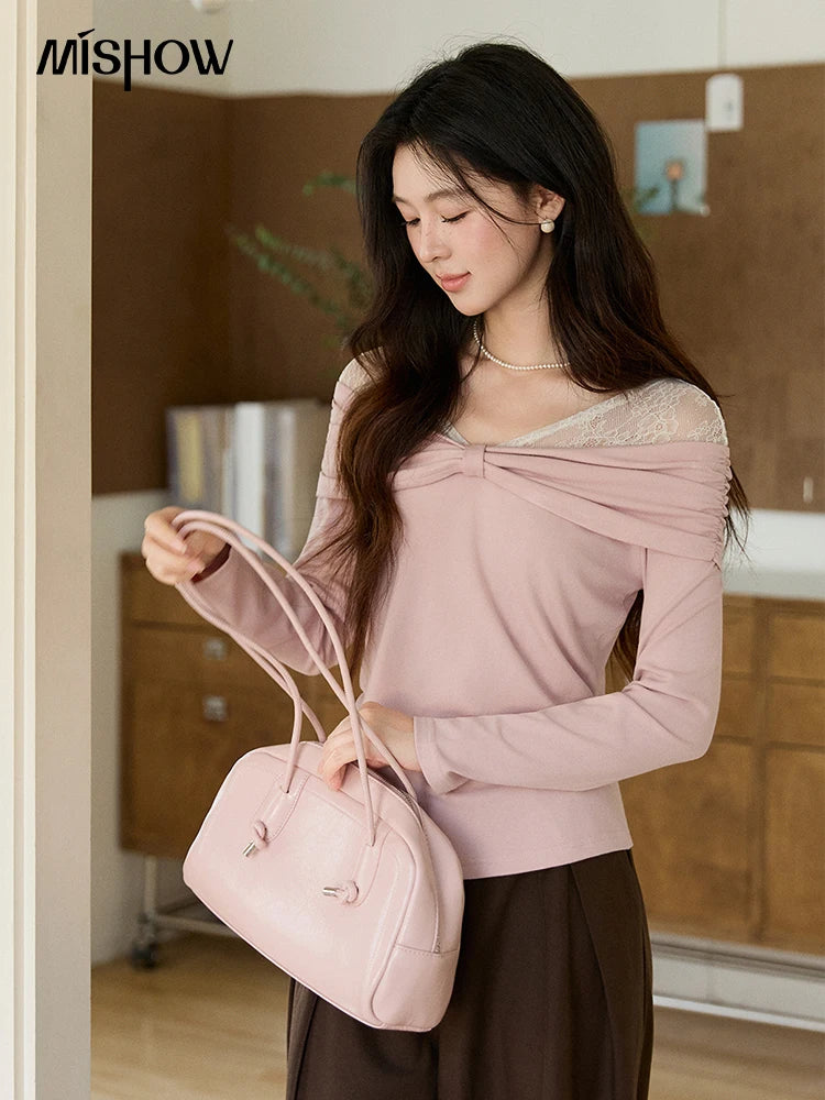 MISHOW Women's Lace Patchwork One Shoulder T-shirt 2026 Spring Twist Casual Slim Tees Sweet Pink Long Sleeve Tops MXF108Z1026