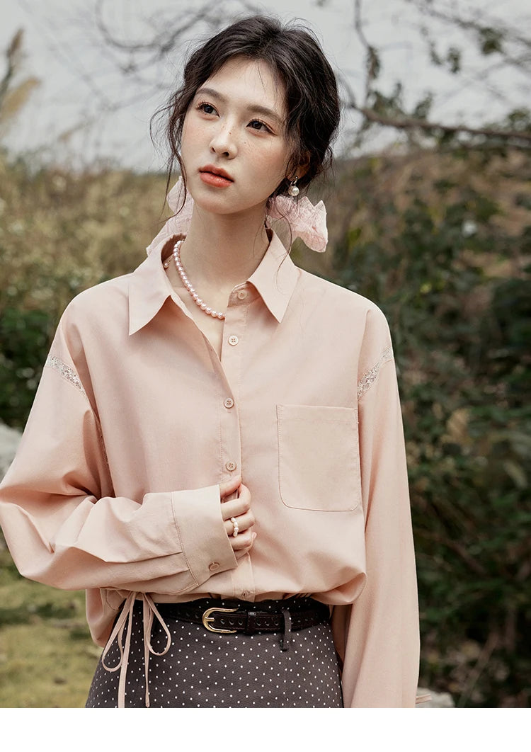 MISHOW Pink Long Sleeve Shirt for Women Spring 2025 Korean Splicing Lace Bow Tie Shirt Polo-neck Solid Versatile Tops MXE16C0767