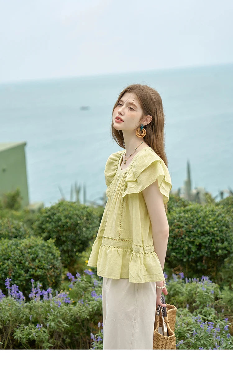 MISHOW Korean Lace Hollowed Out Flying Sleeve Blouse for Women 2024 Summer Square Neck Doll Shirt Casual Top MXD30X1574