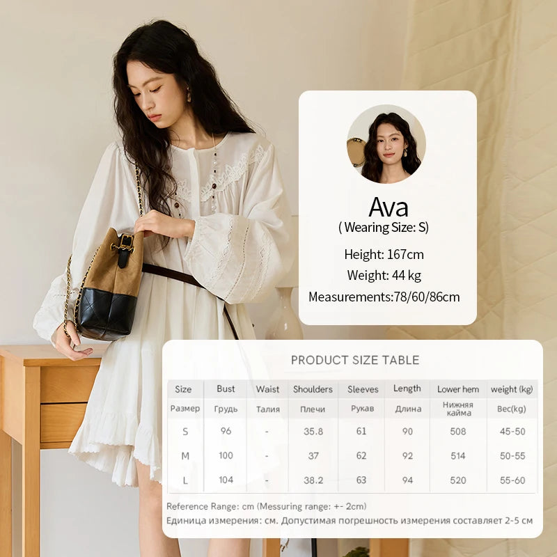 MISHOW Woman White Dress 2025 Autumn French Style O-neck Lace Ruffled Lantern Sleeves Dress Long Sleeves Party Dress MXE46L2519