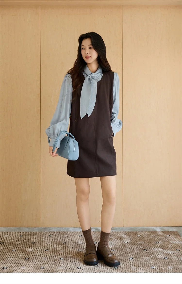 MISHOW Woman Two-piece Set 2025 Autumn College Style Light Blue Shirt Dark Brown Vest Skirt Suit Woman Clothes MXE47T1408