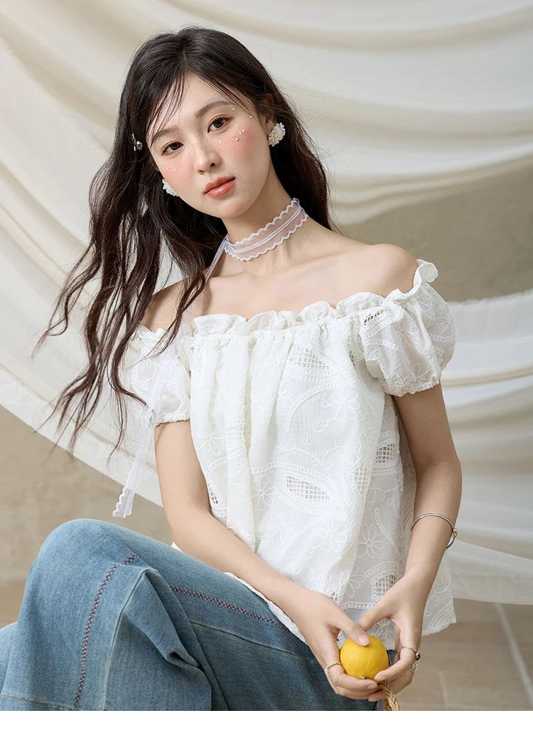 MISHOW French Summer Shirts Women New 2025 Slash Neck Short Sleeve Solid Lace Blouses Female Fashion Slim Tops Lady MXE35X1775