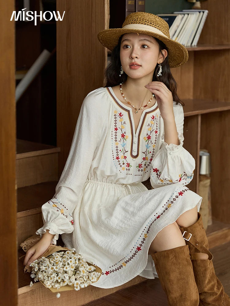 MISHOW Woman Long Sleeve Dress Autumn Elegant V-neck Embroidered Drawstring Waist Dress A-line Bohemian Midi Dresses MXE44L2489