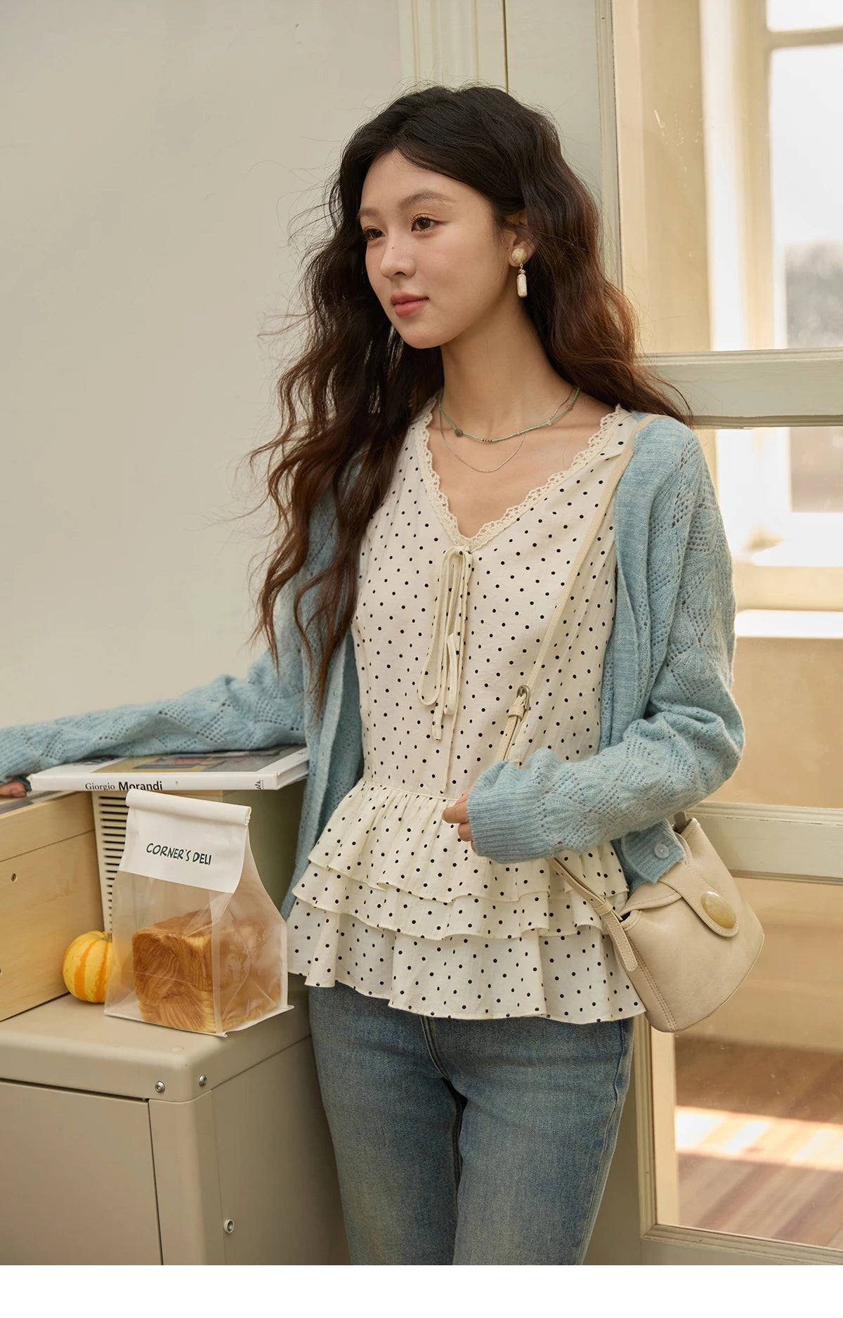 MISHOW Women's Blue Argyle Knitted Cardigan 2025 Autumn V Neck Drop Dropped Sleeve Cardigan Hollow Out Wool Blend Top MXE41Z1313