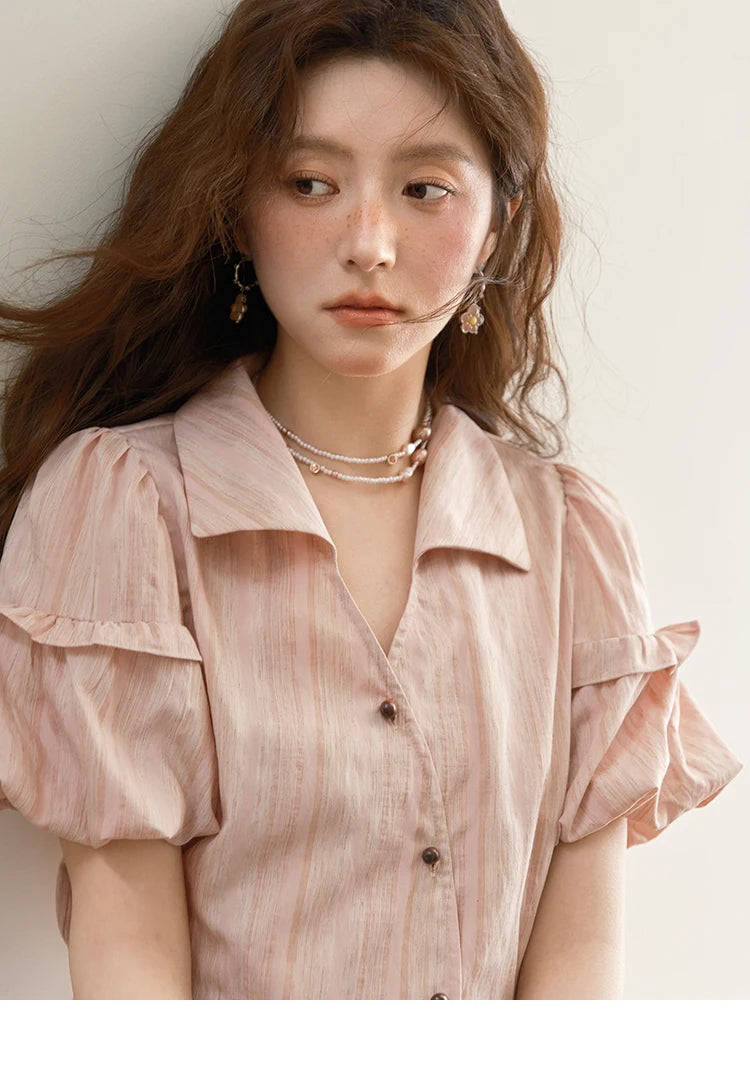 MISHOW Ladies Fashion Puff Sleeve Striped Shirt 2025 Summer New Commute Retro Turn-down Collar Top Women's Clothing MXE37C0808