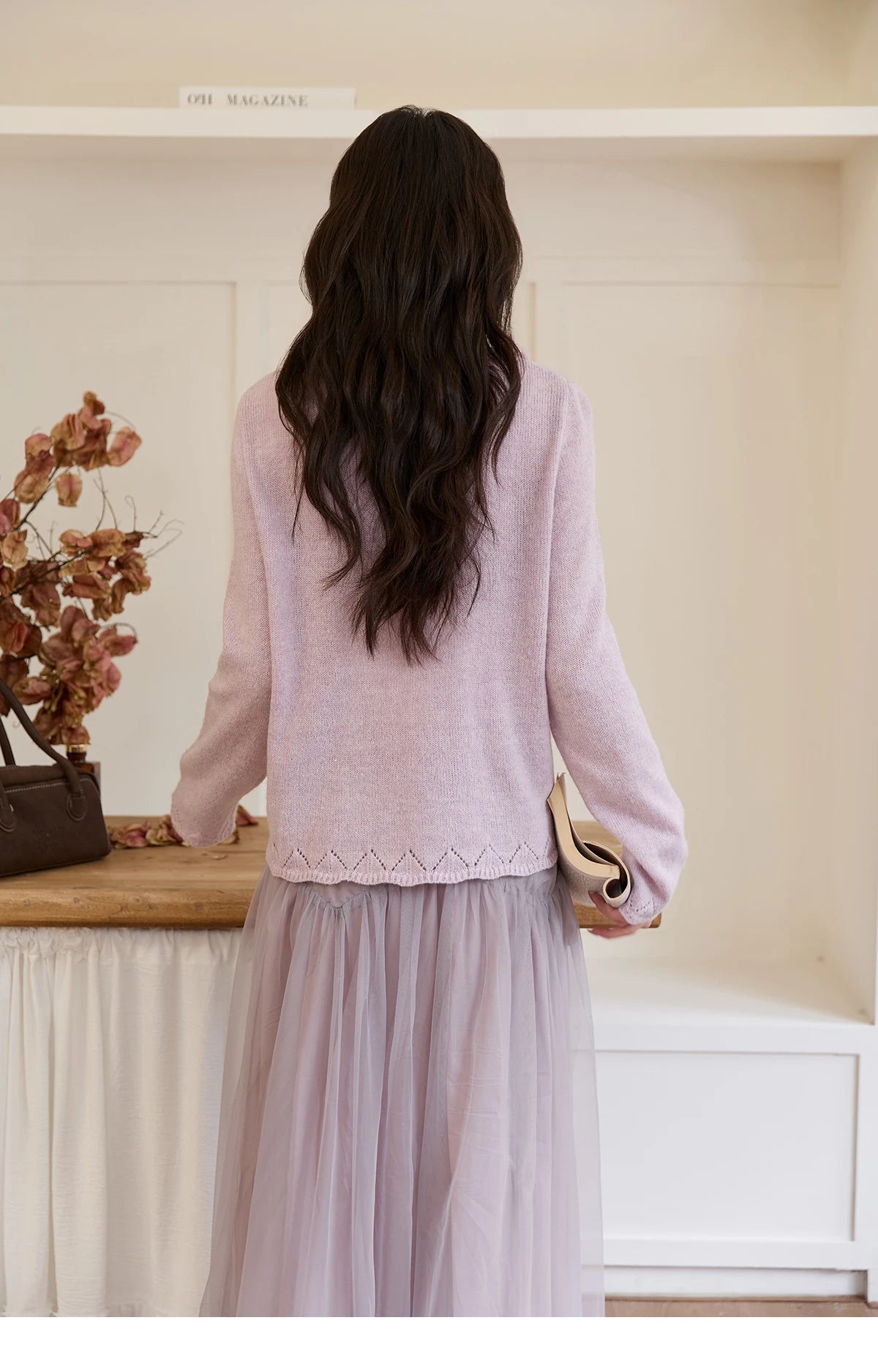 MISHOW Women Long Sleeve Tees 2025 Autumn New V-neck Wood Ear Hollow Out Knitted Sweater Women's Beige Wool Top MXE51Z2595