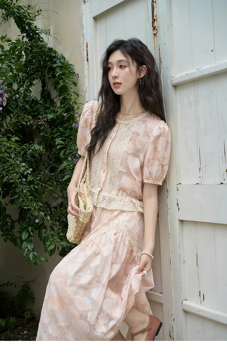 MISHOW French Embroidered Lace Bubble Sleeve Top & Elastic Waist Skirt Set MXD23X1428