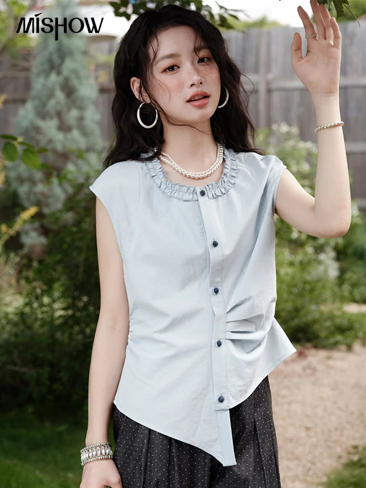 MISHOW Women's Casual Round Neck Shirt 2025 Summer New Office Lady Slim Shirt Sleeveless Button Top Female Clothing MXE38X1864