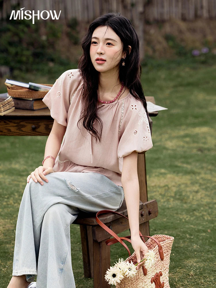 MISHOW French Summer Blouse Women 2025 Short Puff Sleeve Round Neck Solid Hollow Embroidery Shirts Woman Holiday Thin MXE31X1747