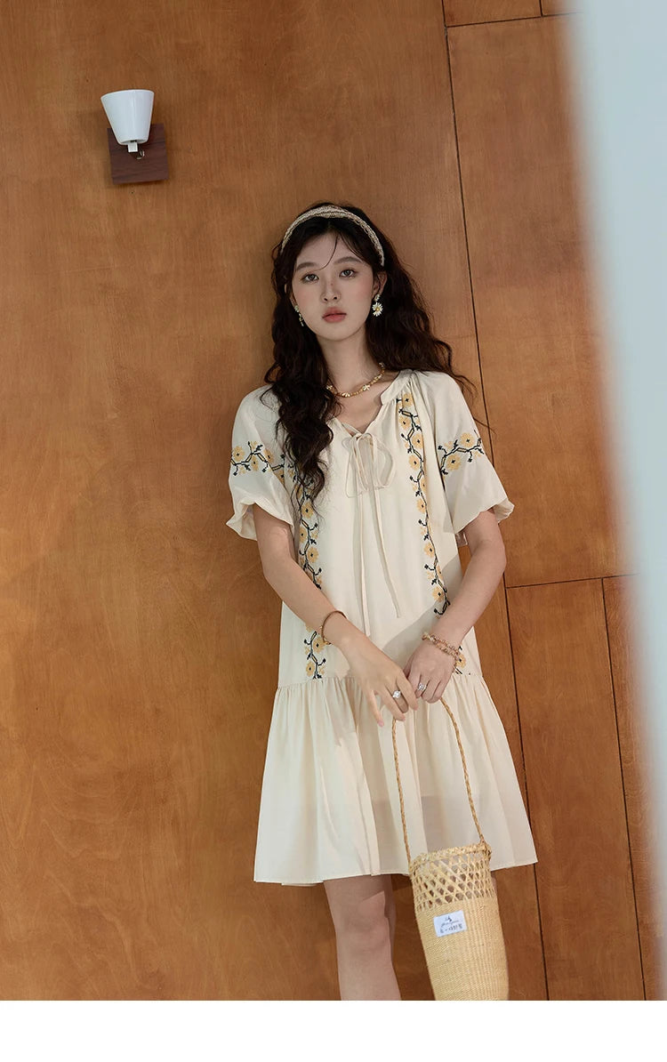 MISHOW Women's Ethnic Dress 2024 Summer Korean Sunflower Embroidery Puff Sleeve Dress V Neck Lace-up Doll Dresses MXD30L1959