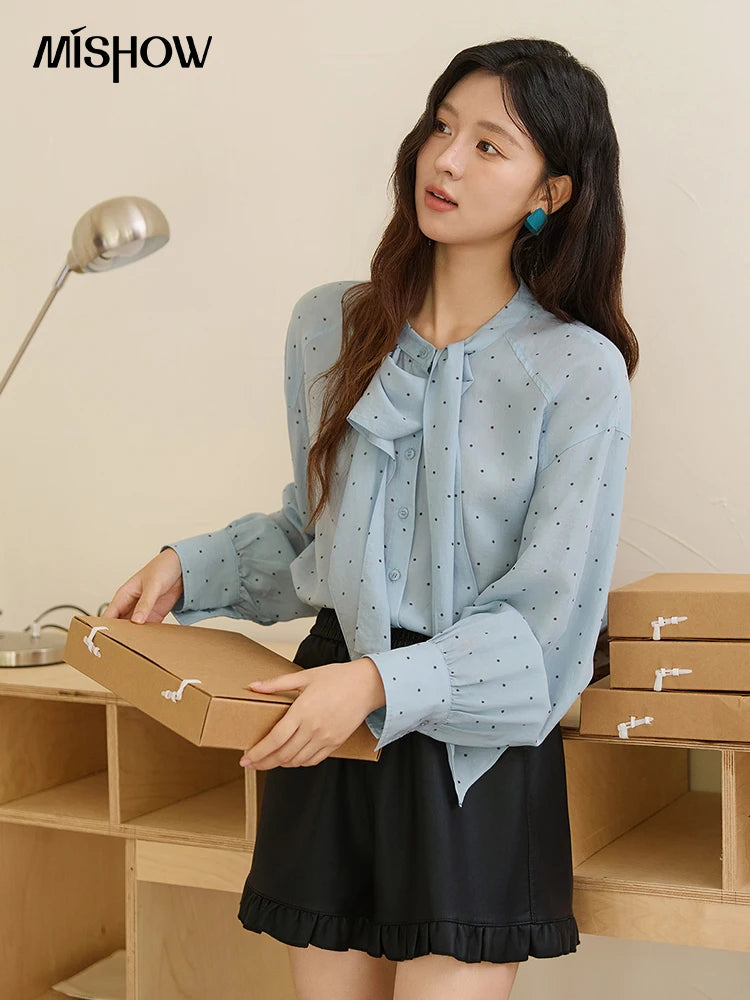MISHOW Women's Casual Shirt 2025 Autumn French Vintage Blue Polka Dot Shirt Bow Collar Long-sleeve Top Women's Clothe MXE45X2475