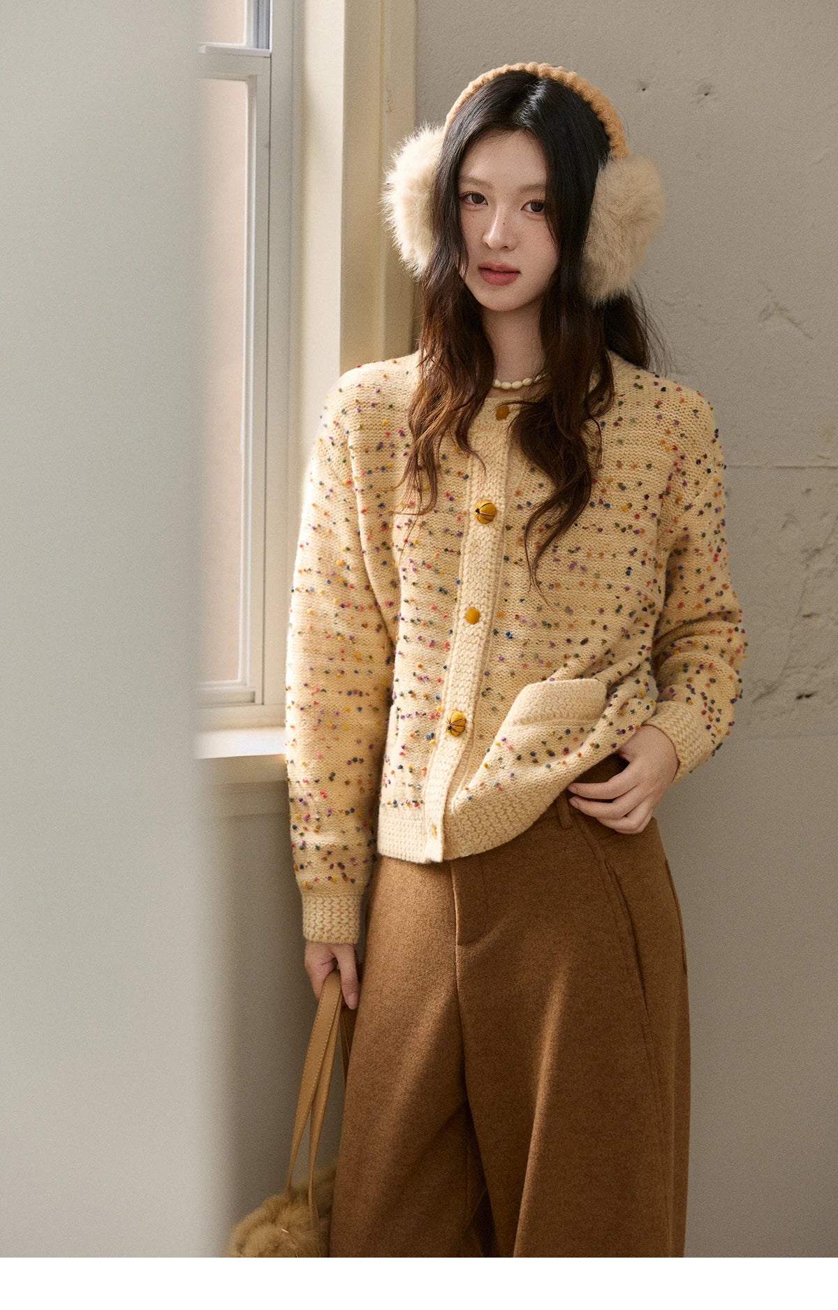 MISHOW Colorful Yellow Sweater Cardigan for Women Winter 2025 Arctic Fleece Retro Round Neck Warm Thick Knit Sweaters MXE91Z2778