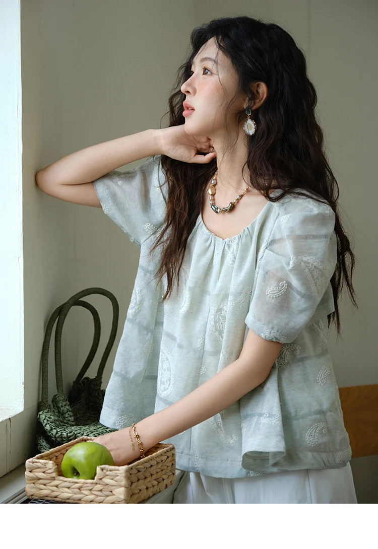MISHOW O-Neck Blouse for Women 2025 Summer New Fashion Print Embroidery Puff Sleeve Loose Casual Top Ladies Clothing MXE34X1807