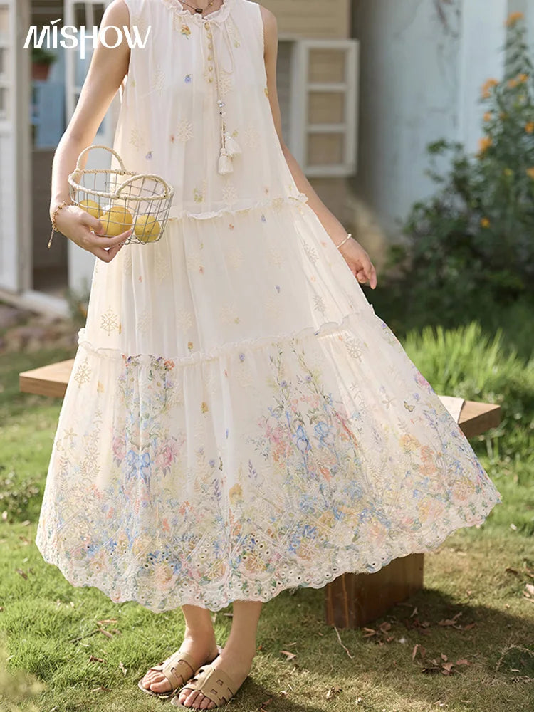 MISHOW Women's Fashion Sleeveless Print Dress 2025 Summer New Mushroom Edge O-Neck Lace Up Tassels Loose Midi Dresses MXE36L2253