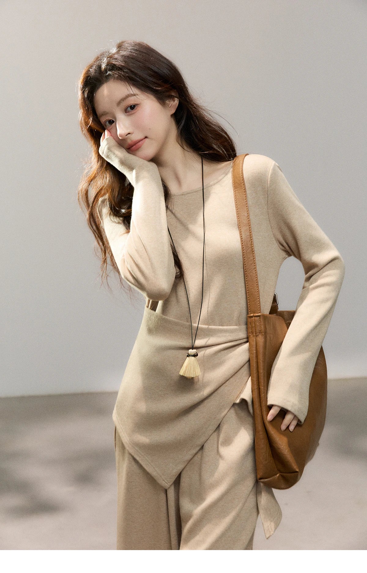 MISHOW Women's Khaki Knitted Two-Piece Set 2026 Spring Asymmetrical Hem Waist-Cinched Top Wide Leg Pants Casual Sets MXF11T1465