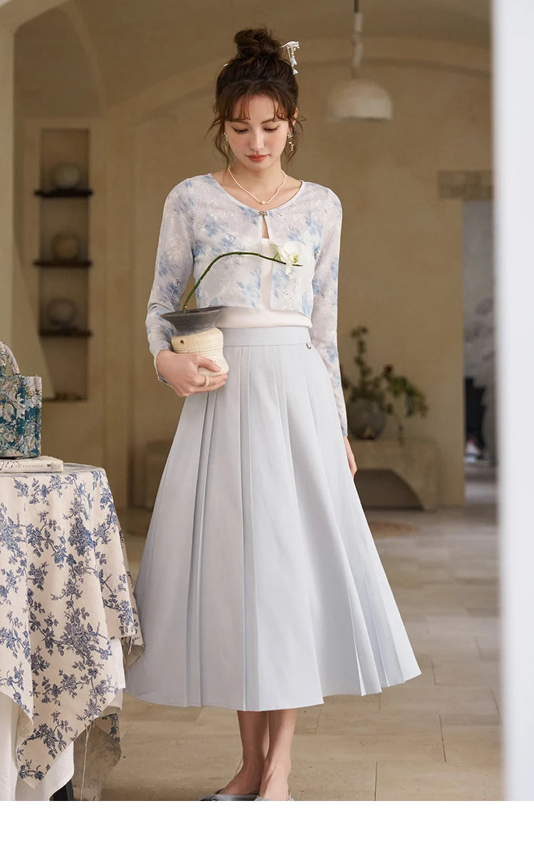 MISHOW Elegant Hollow Out Cardigan Camisole Skirt Separately Spring Lace Printing Short Cardigans Solid Pleated Skirt MXD12W0342