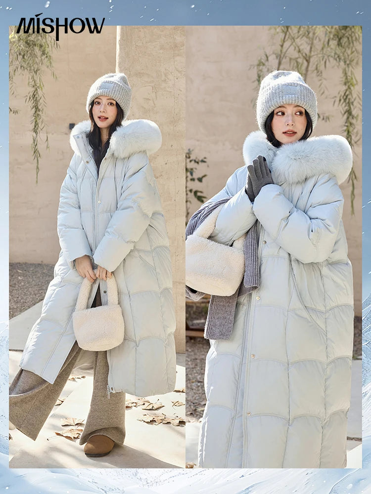 MISHOW Fox Fur Collar Down Coat Women 2024 Winter Minimalist Basic Thickened Warm Mid-Length White Duck Down Jacket MXD54Y0050