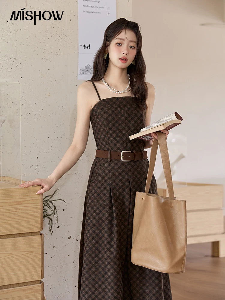 MISHOW Women Midi Dress 2025 Autumn Winter New Plaid Sleeveless Slip Dress Slim Commute Retro Luxury Evening Dress MXE51L2538
