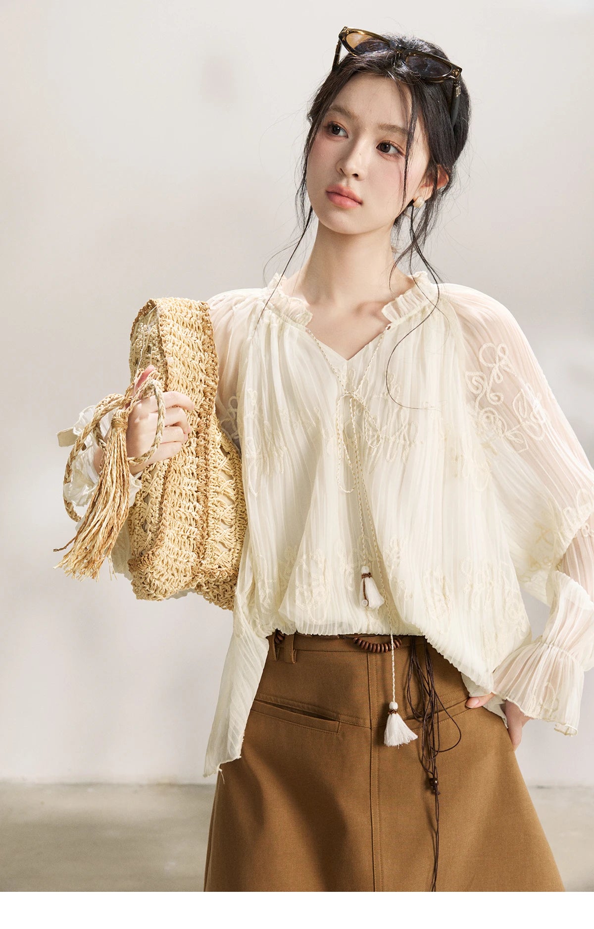 MISHOW Women's Tassel Tie Flower Embroidered Blouse 2026 Spring V-Neck Lantern Sleeves Top Casual Loose Sheer Blouses MXF13X2525