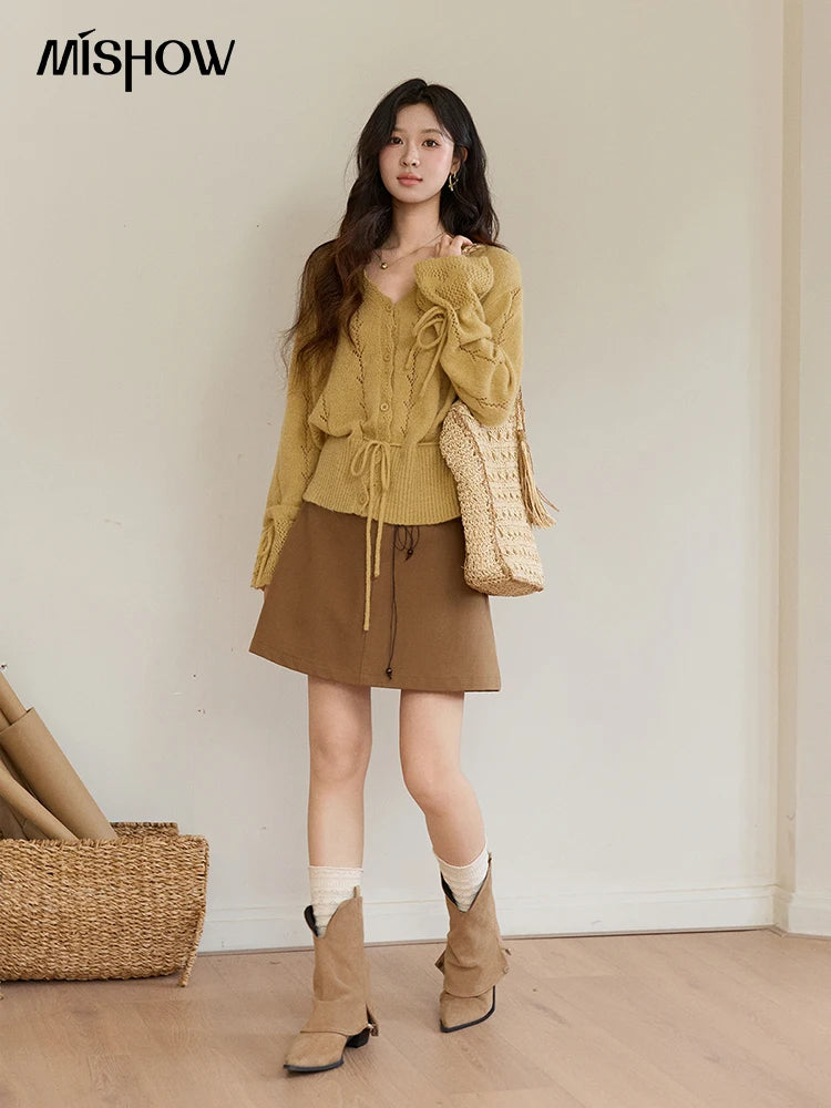 MISHOW Women's Yellow Knitted Cardigan 2026 Spring Hollow Out V-Neck Drawstring Waist Long Sleeve Casual Loose Tops MXF108Z1022