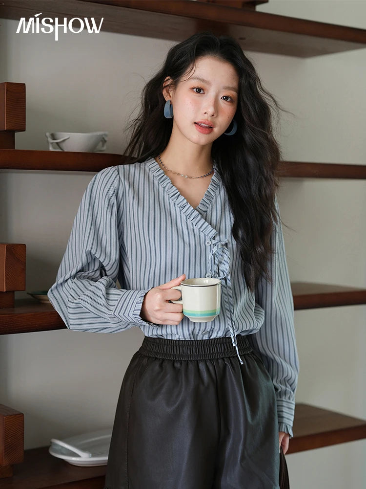 MISHOW Blue Striped Peach Skin Velvet V-neck Shirts for Women Autumn 2025 Asymmetrical Lace-up Commuting Casual Shirt MXE42X2472