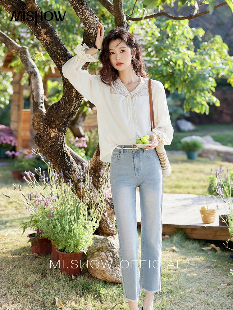 MISHOW Lace Patchwork Shirt for Women Spring 2025 V-neck with Fungus Edge Lace-up Chiffon Top Petal Sleeve Shirts MXE13X1713