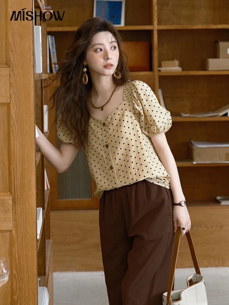 MISHOW Women's Polka Dot Puff Sleeve Blouse 2025 Summer New Ladies Button Retro Sweet V-neck Top Women's Clothing MXE37X1859