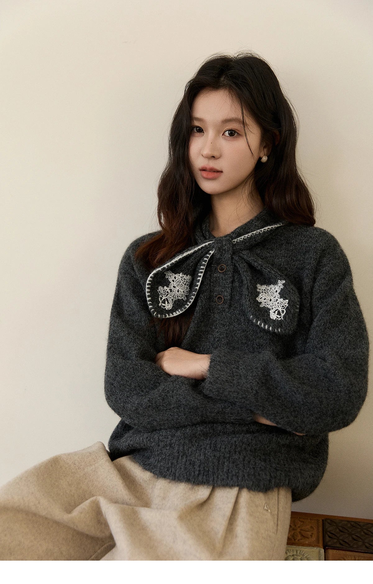 MISHOW Women's Yellow Knitted Sweater 2025 Autumn Winter Bow Collar Splicing Lace Tops Loose Warm Pullover Sweaters MXE94Z2971