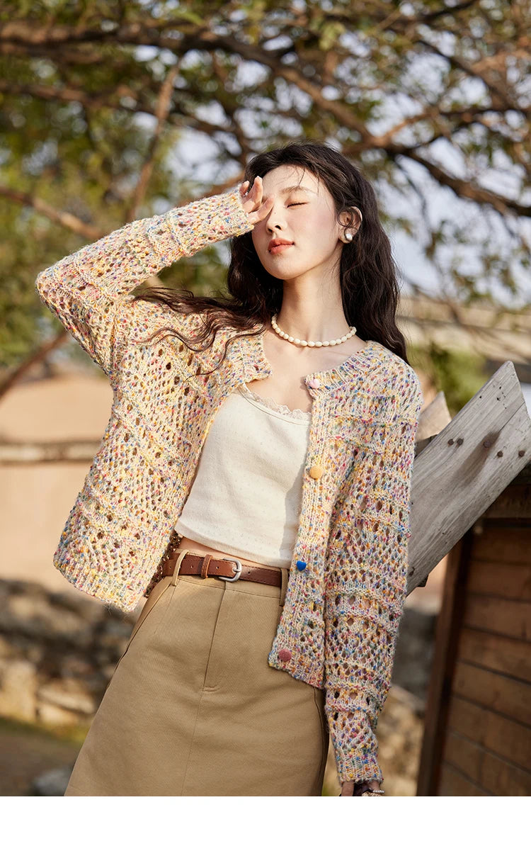 MISHOW Women's Sweet Woven Hollow Knitted Cardigan 2025 Spring Rainbow Button Single Breasted Top O-neck Cardigan MXE13Z1110